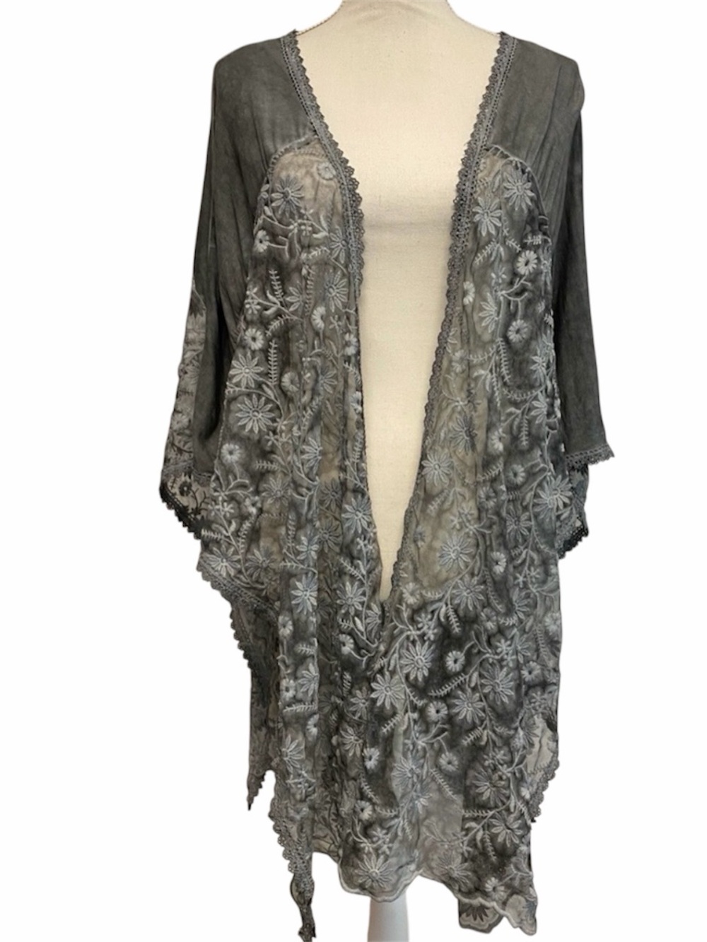 POL gray acid wash floral mesh  embroidered shawl wrap size M